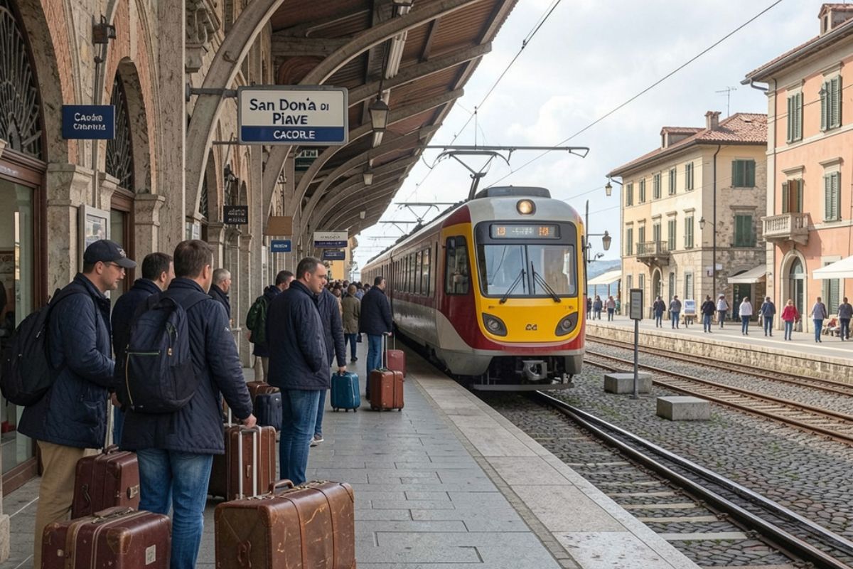 Vista della stazione di San Donà di Piave con un treno in arrivo e viaggiatori con bagagli, atmosfera di viaggio verso Caorle
