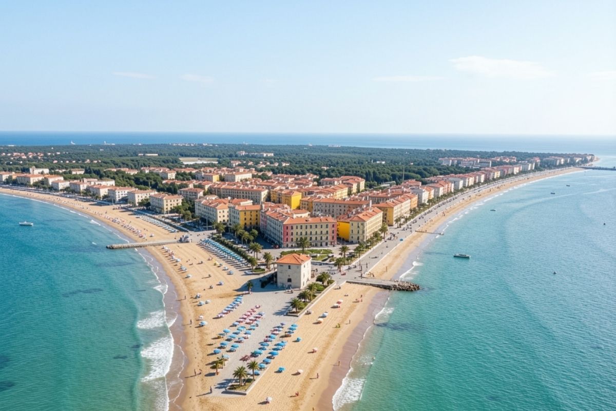 Scorcio panoramico di Caorle con il suo lungomare, spiaggia dorata e il centro storico colorato, vista dall’alto, atmosfera di arrivo in città